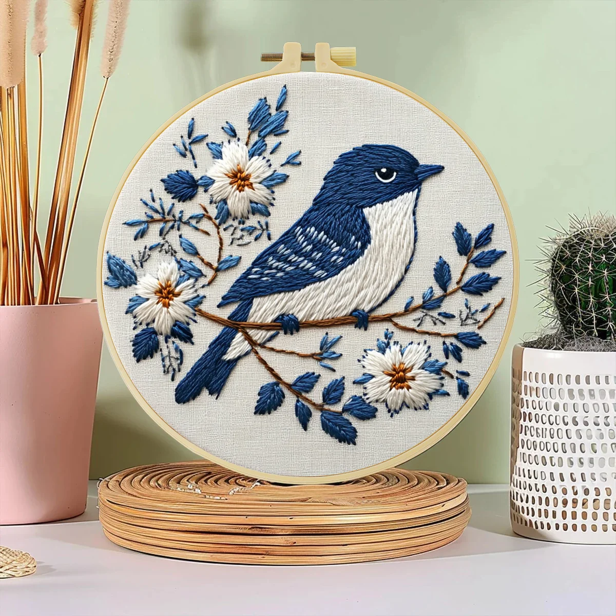 1 Stück 20X20CM/15X15CM 7,87/6,3 Zoll Der Vogel auf dem Ast Taschen-Stickerei-Starter-Kit DIY-Set für Anfänger Nadelkunst