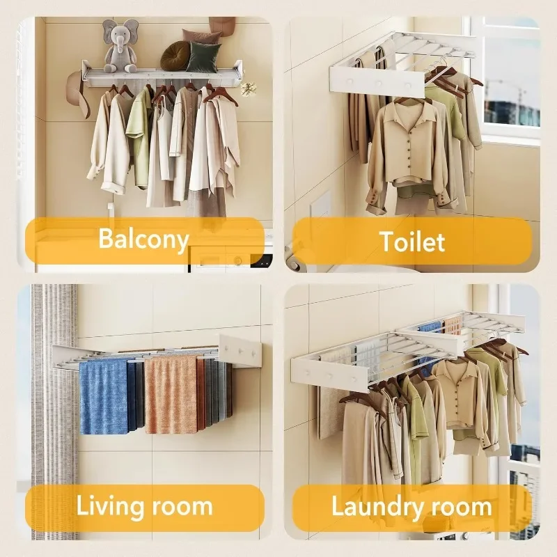 Upgrade Drying Rack Clothing,Clothes Drying Rack Wall Mounted,Laundry Drying Rack Wall Mount,6 Aluminium Poles,with Hooks 5
