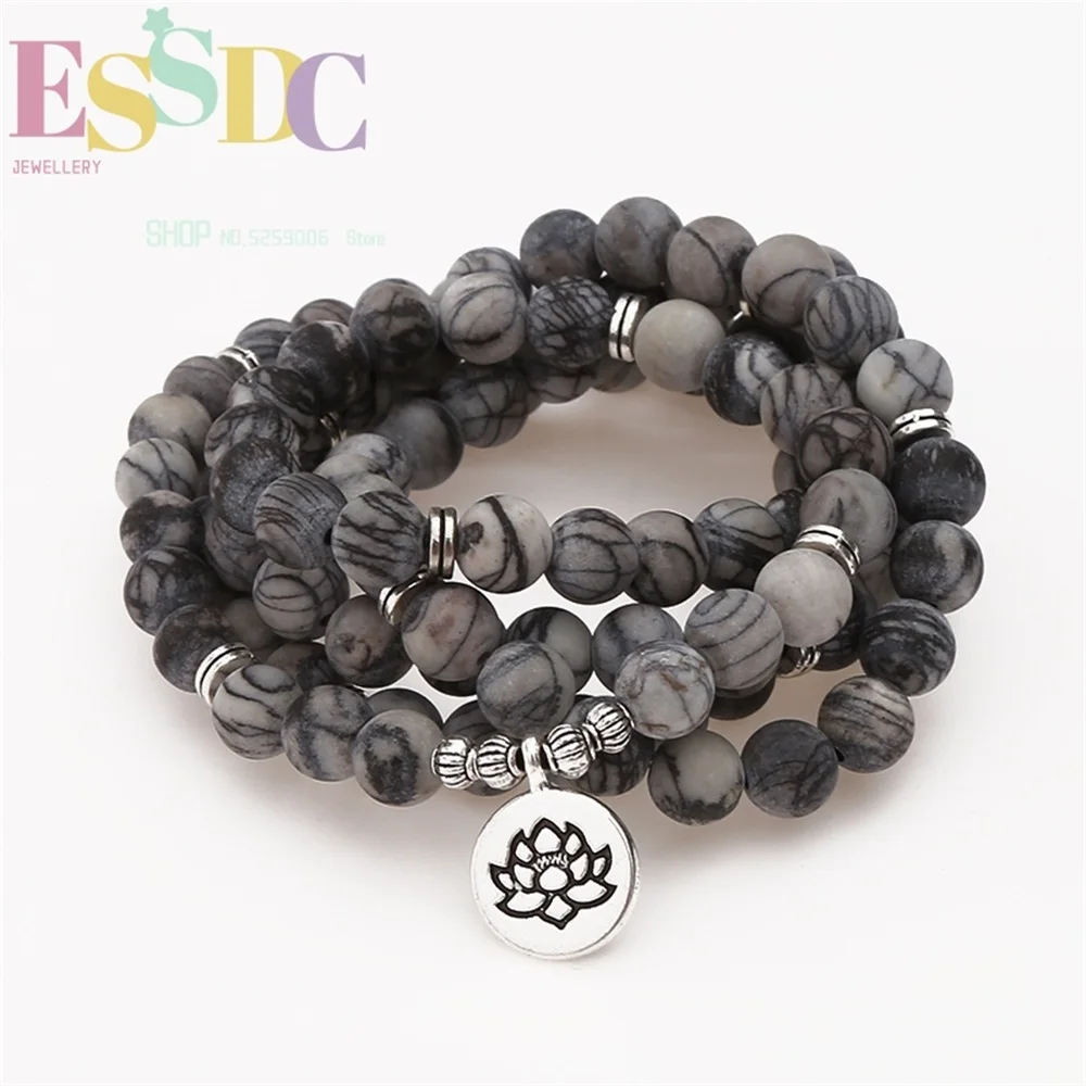 

Buddhist 108 Mala Natural Black Network Stone Lotus Pendant Fashion Women/ Men's Chakra Yoga Healing Bracelet Wholesale