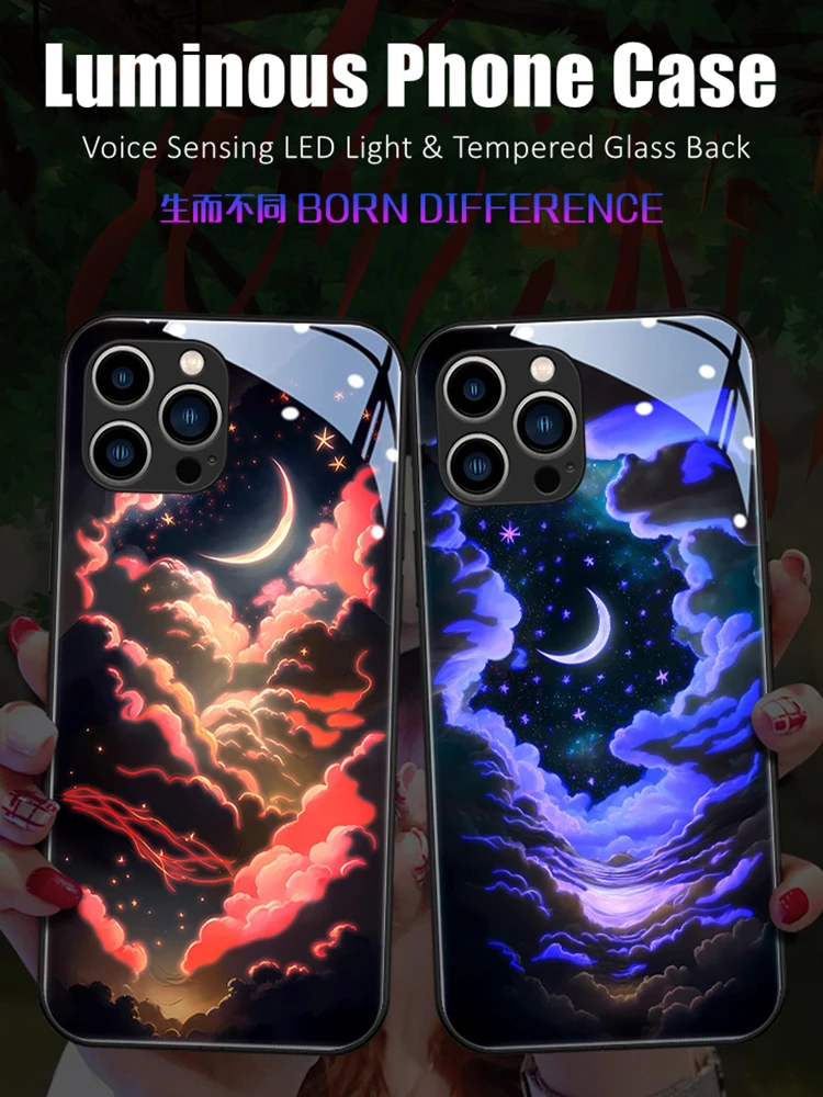 

Night Sky Colorful LED Light Glowing Luminous Tempered Glass Back Phone Case for iPhone 11 12 13 14 15 X Xs Xr Mini Pro Max Plus