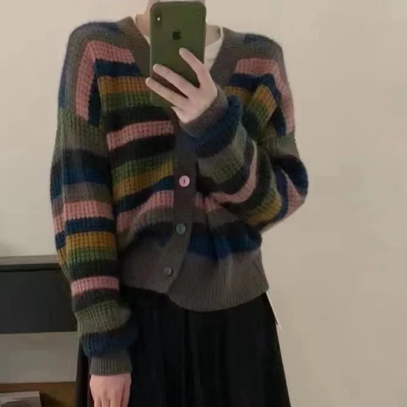 

2022 Autumn And Winter Women's Color Stripes Contrast Soft Waxy Sweater Coat Female New Knitted Cardigan