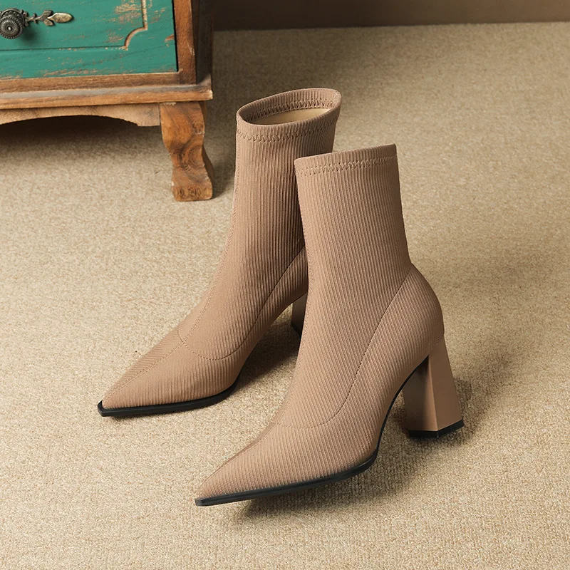 

Вязаные сапоги на толстой подошве, женские модные короткие сапоги на толстом каблуке в стиле ретро, эластичные облегающие сапоги, новинка для осени и зимы