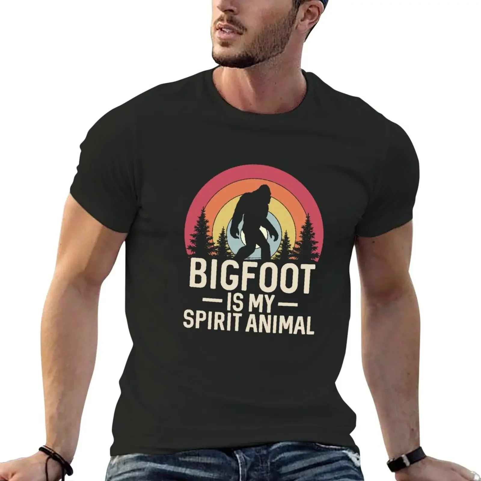 

Copy of Funny Bigfoot is my Spirit Animal Retro Sunset T-Shirt summer top boys whites mens tall t shirts