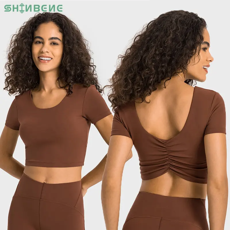 

SHINBENE 2in1 Women's Back Scrunch Short Sleeve Shirts Slim Fit Plain Athletic Gym Yoga Crop Top T-Shirts with Padded