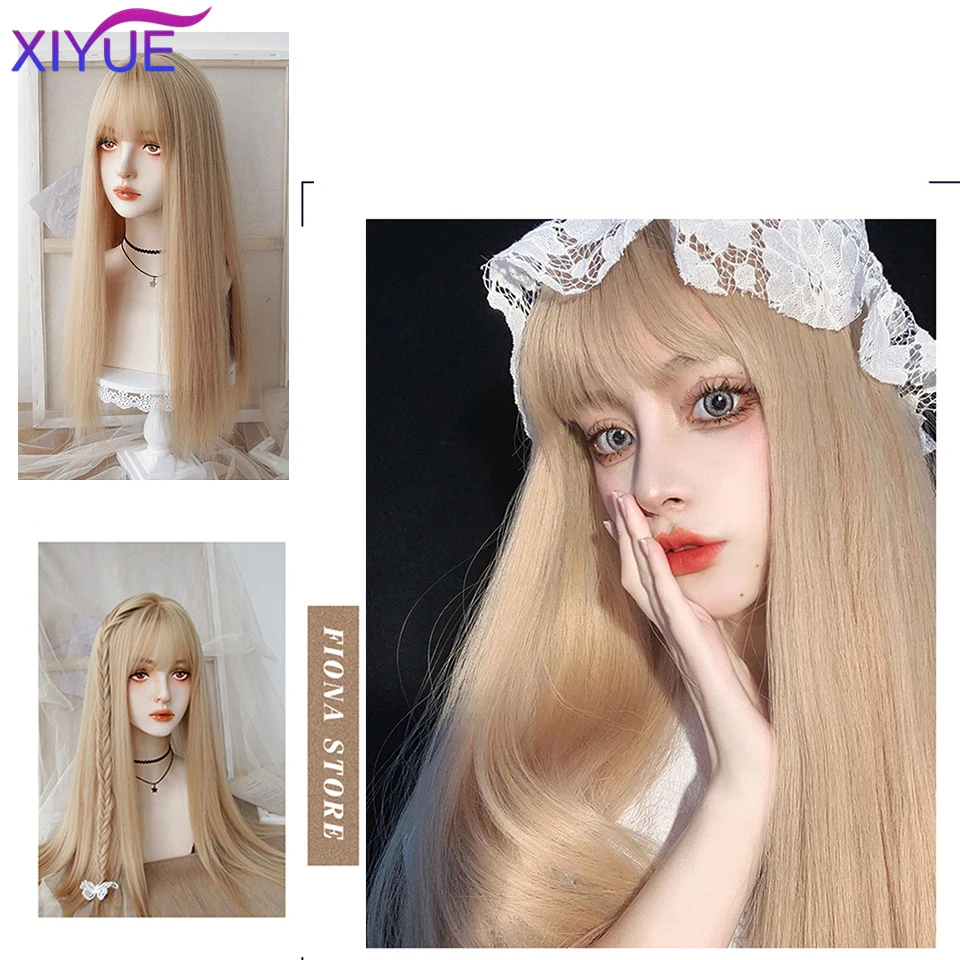 XIYUE-Peluca de cabello sintético con flequillo para mujer, cabellera artificial largo, ondulado, Natural, rubio platino, fibra resistente al calor, fiesta de Cosplay, Lolita