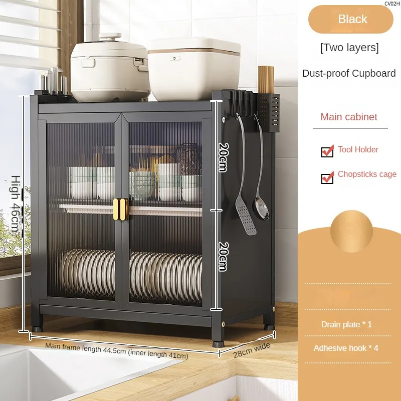 Compact Kitchen Storage Cabinet with Hooks and Plastic Doors &ndash; Durable Iron Frame Space-Saving Dish Organizer for Kitchens