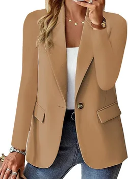 Women's blazer casual long-sleeved top solid color suit collar button simple temperament commuter plus size blazer 1