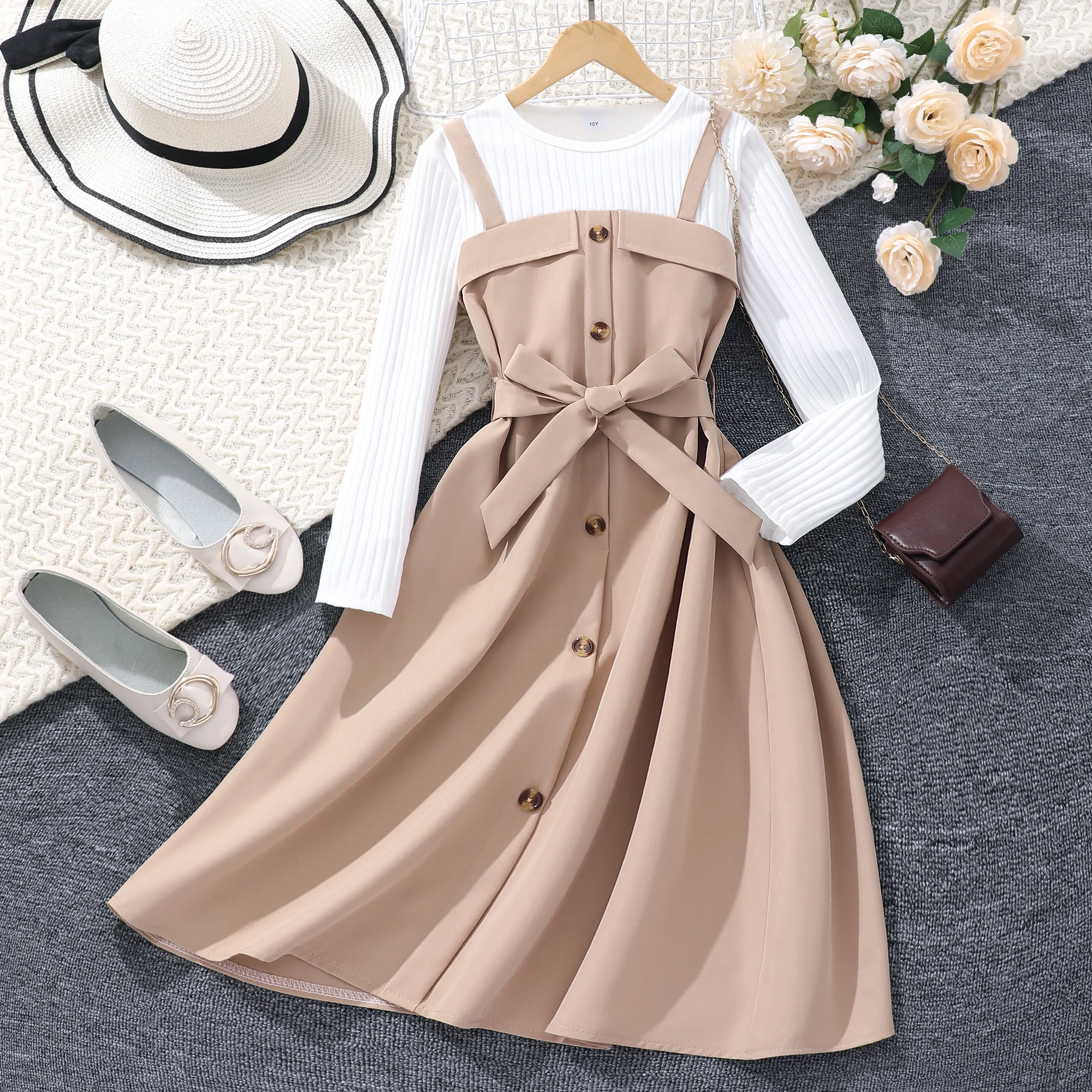فستان طويل من عمر 8 إلى 12 سنة لملابس الفتيات للخريف والشتاء مع حزام وزر كاكي للأطفال فستان طويل دافئ بريطاني عتيق للمراهقين
