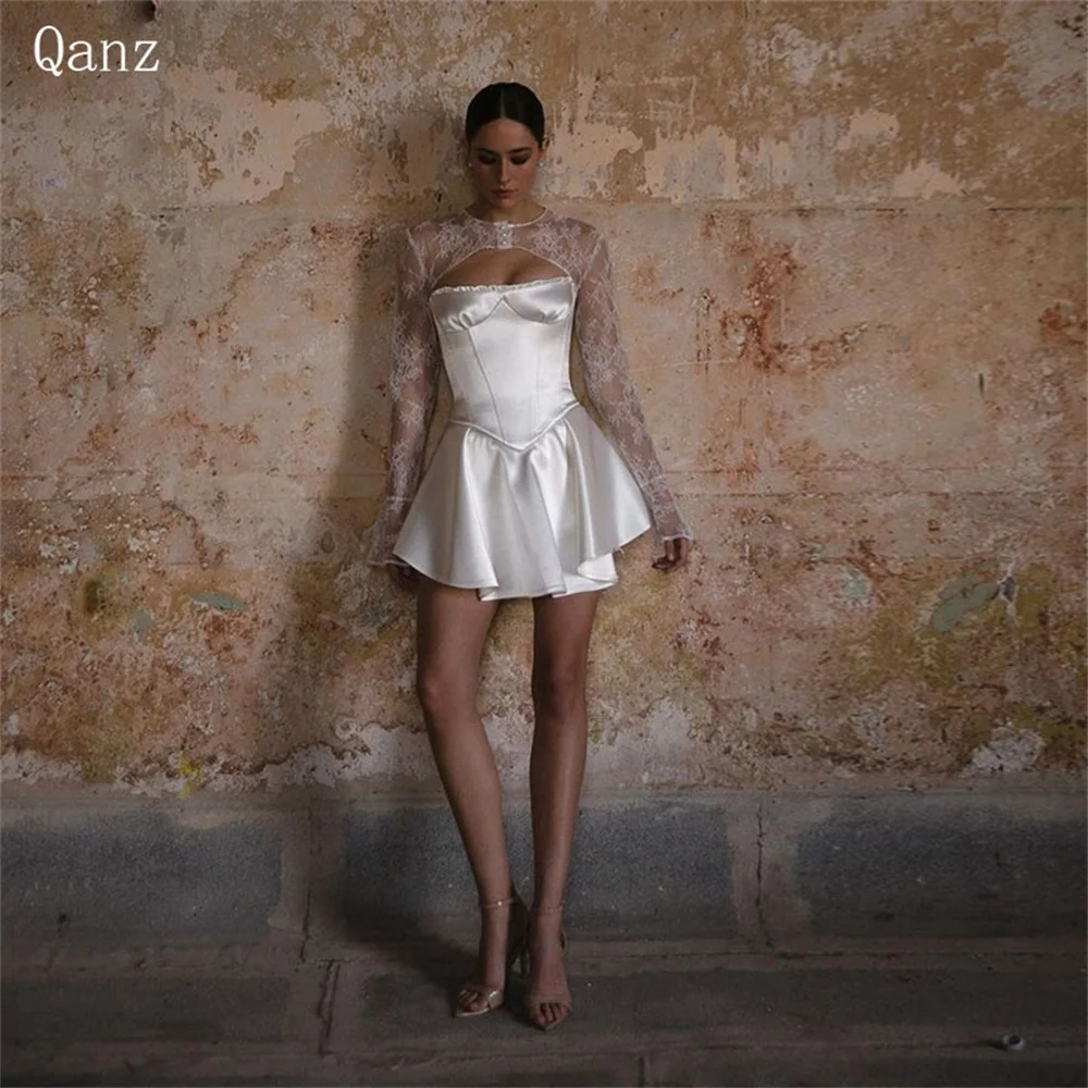 

Qanz Mini Wedding Dresses For Women With Lace Jacket Above Knee Vestidos De Novia Princesa Corest Back Off Shoulder Bride Party