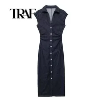 TRAF Sleeveless Denim Long Dress Women Bodycon Tank Midi Dress Woman Summer Ruched Button Up Casual Dresses For Lady 2024 1