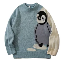  Mens Cartoon Penguin Knitted Sweater Streetwear Harajuku Vintage Jumpers Pullover Women Autumn Cotton College Sweaters Unisex 