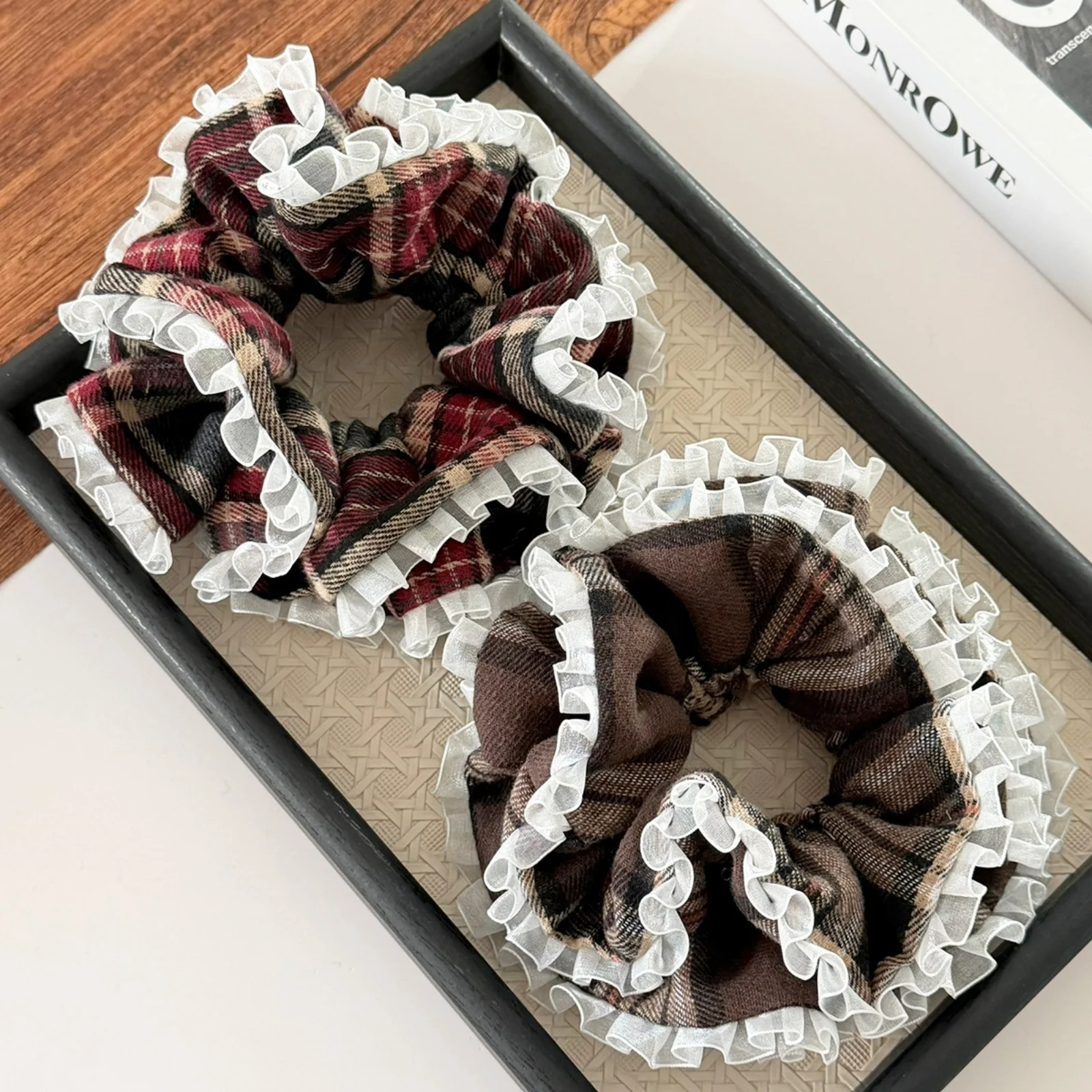 1PC Academy Style Plaid Ruffle Scrunchie,Checkered Lace Hair Ties,Stylish School Outfit Hair Accessories,Elegant Daily