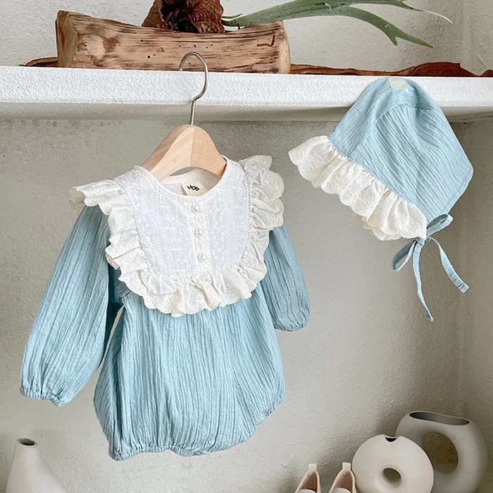 Herbst Baby Kleidung Kleinkind Baby Mädchen Romper + Hut Rüschen Kleidung Langarm Baumwolle Spleißen Frühling Infant Baby Mädchen Overall – Detail 8