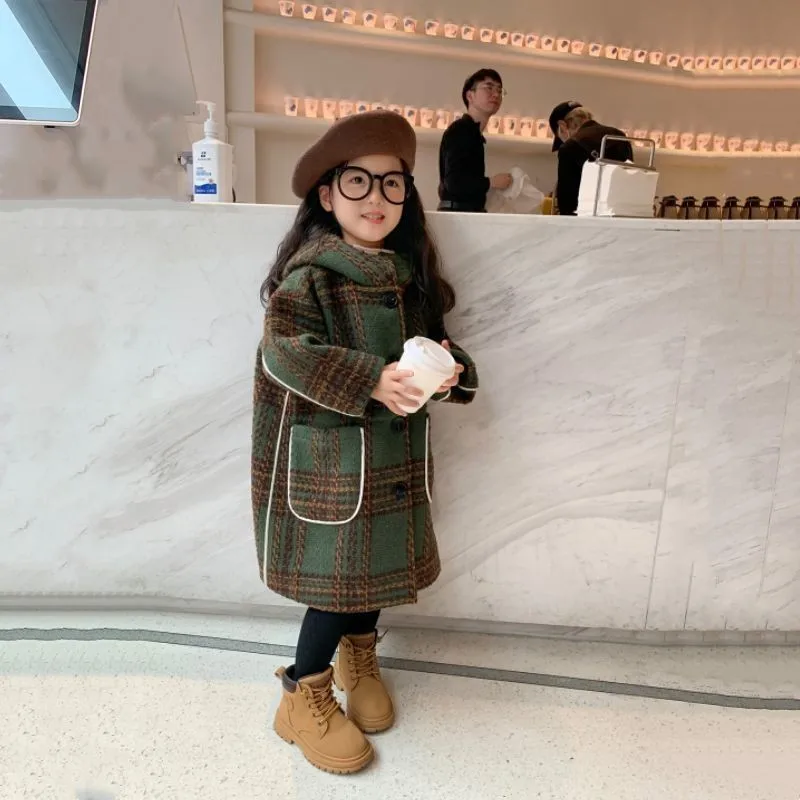 Girls Kids Woolen Coat Jacket Overcoat 2022 Classic Warm Plus Thicken Winter Cotton Fleece Children's Clothing