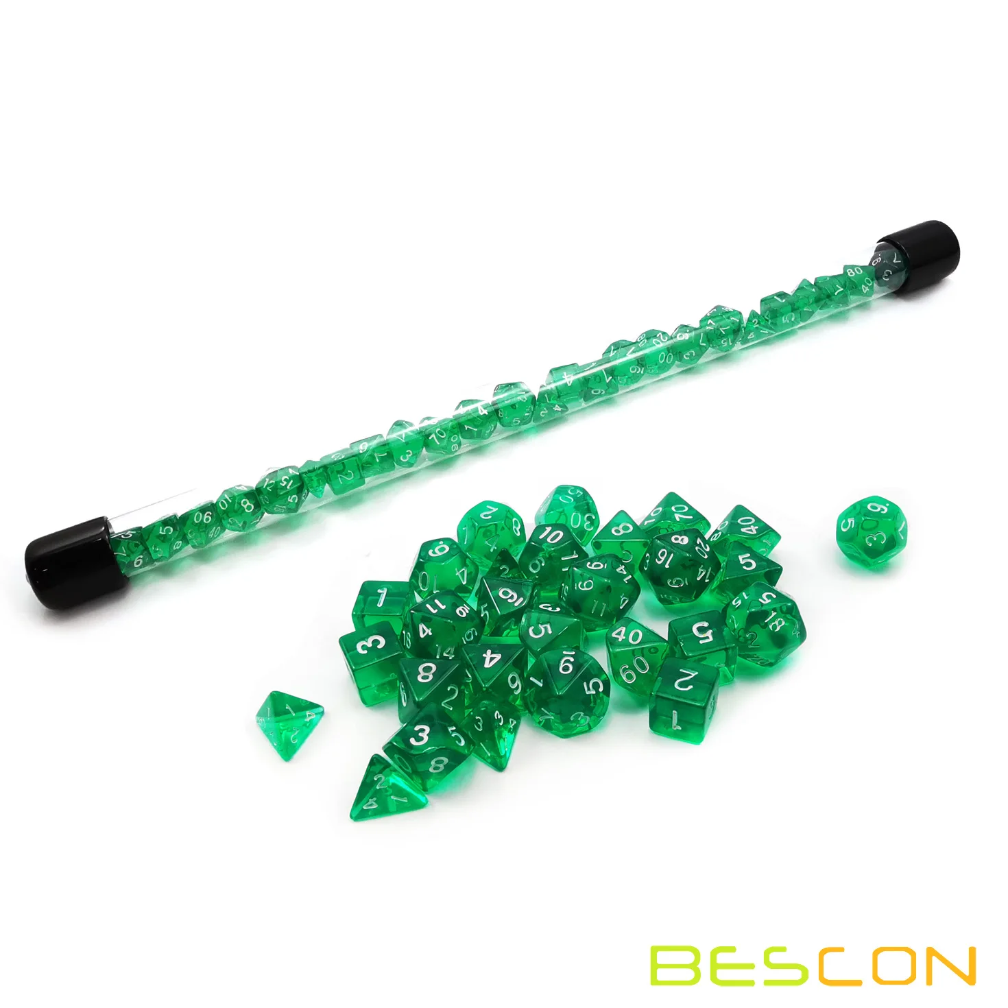 Bescon 28pcs Translucent Green Mini Polyhedral Dice Set in Tube, Mini RPG Dice 4X7pcs,Mini Gem Green Dice Tube Set 4