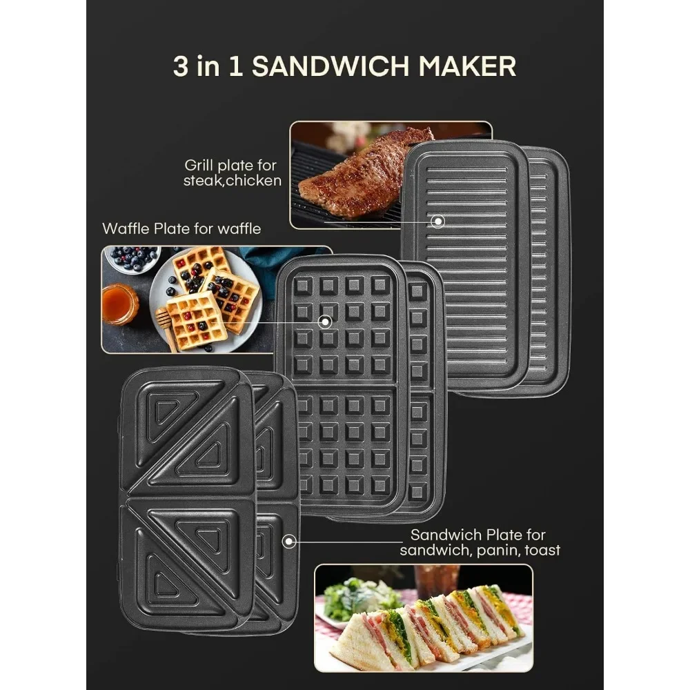 Waffle Maker 3 in 1 Sandwich  1200W Panini Press with Removable Plates Temperature Control 2