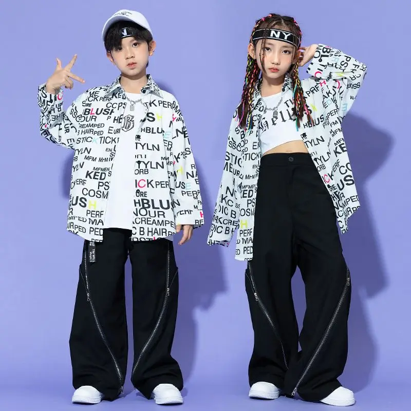 

Детская одежда в стиле K-POP, рубашка большого размера с буквенным принтом, топы, повседневные штаны, уличная одежда для девочек и мальчиков, костюм для джазовых танцев, одежда
