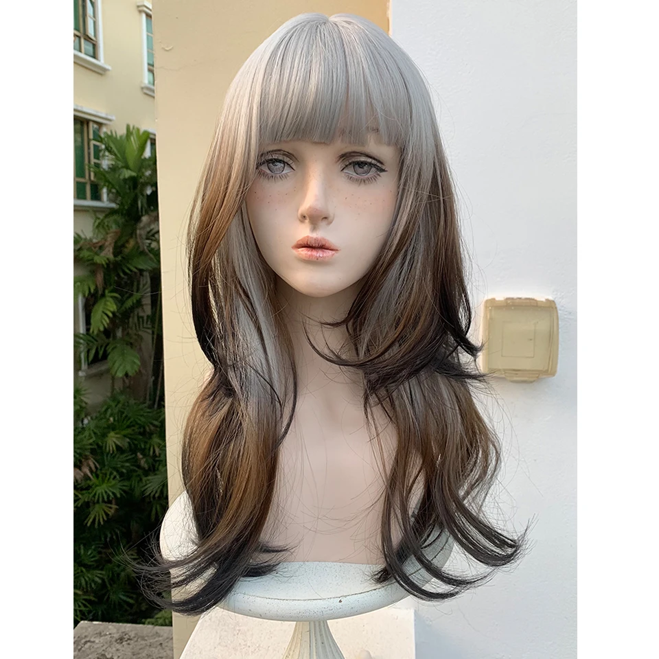 Houyan Synthetic Silver Gray Gradient Brown And Black Wig Bangs Long