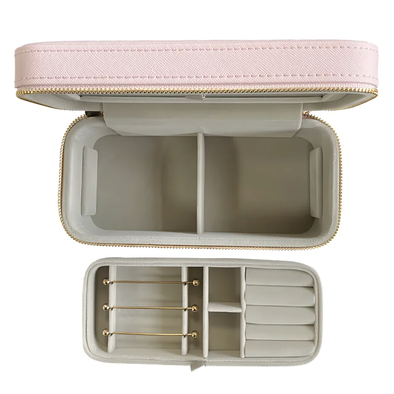 18.8*8.8 Cm Packaging Pink Leather Zipper Box With Mirror Bracelet Jewelry Display Gift Box  For Women Diy Bracelet Box Storage