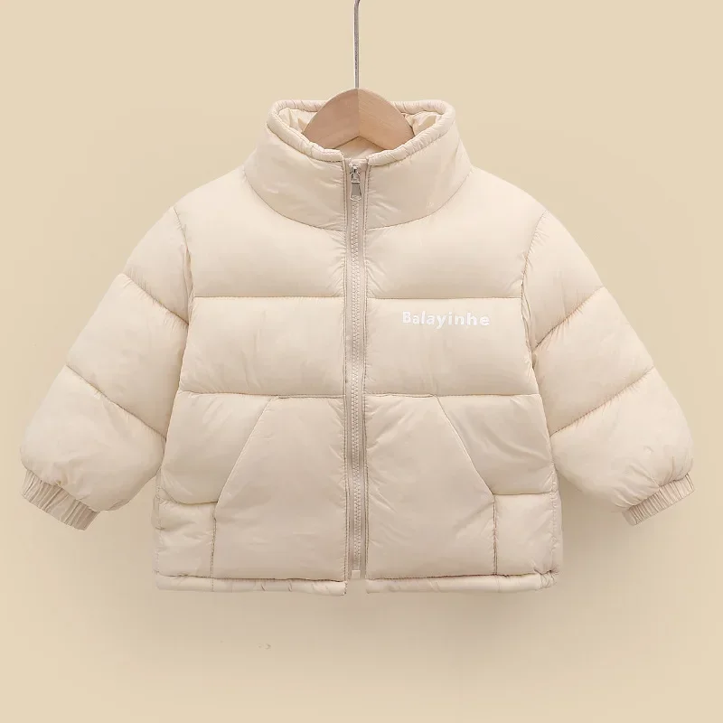 Girls Winter Warm Thickened Down Coat Boys Solid Color Letter Standing Collar Outerwear Kids Autumn New Casual Fashion Jacket