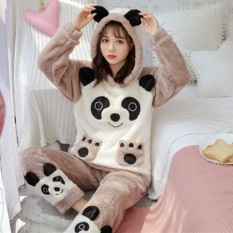 2024 New Women Pajama Autumn Winter Thick Flannel 2-piece Homewear Coral Velvet Loungewear Hooded Home Service Suit Outside Wear