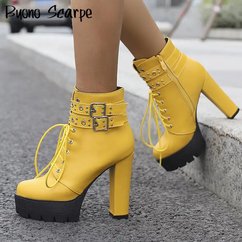 

Женские ботильоны на платформе и массивном каблуке, зимние мотоциклетные ботинки на очень высоком каблуке с ремешком и пряжкой, универсальная женская обувь, увеличивающая рост, Новинка