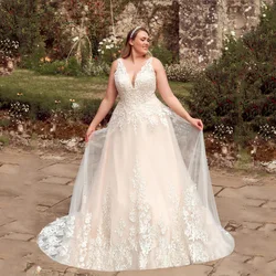 Classic Wedding Dresses Plus Size V-Neck Sleeveless A-Line Bride Gowns For Women Applique Sweep Train Tulle Vestidos De Novia