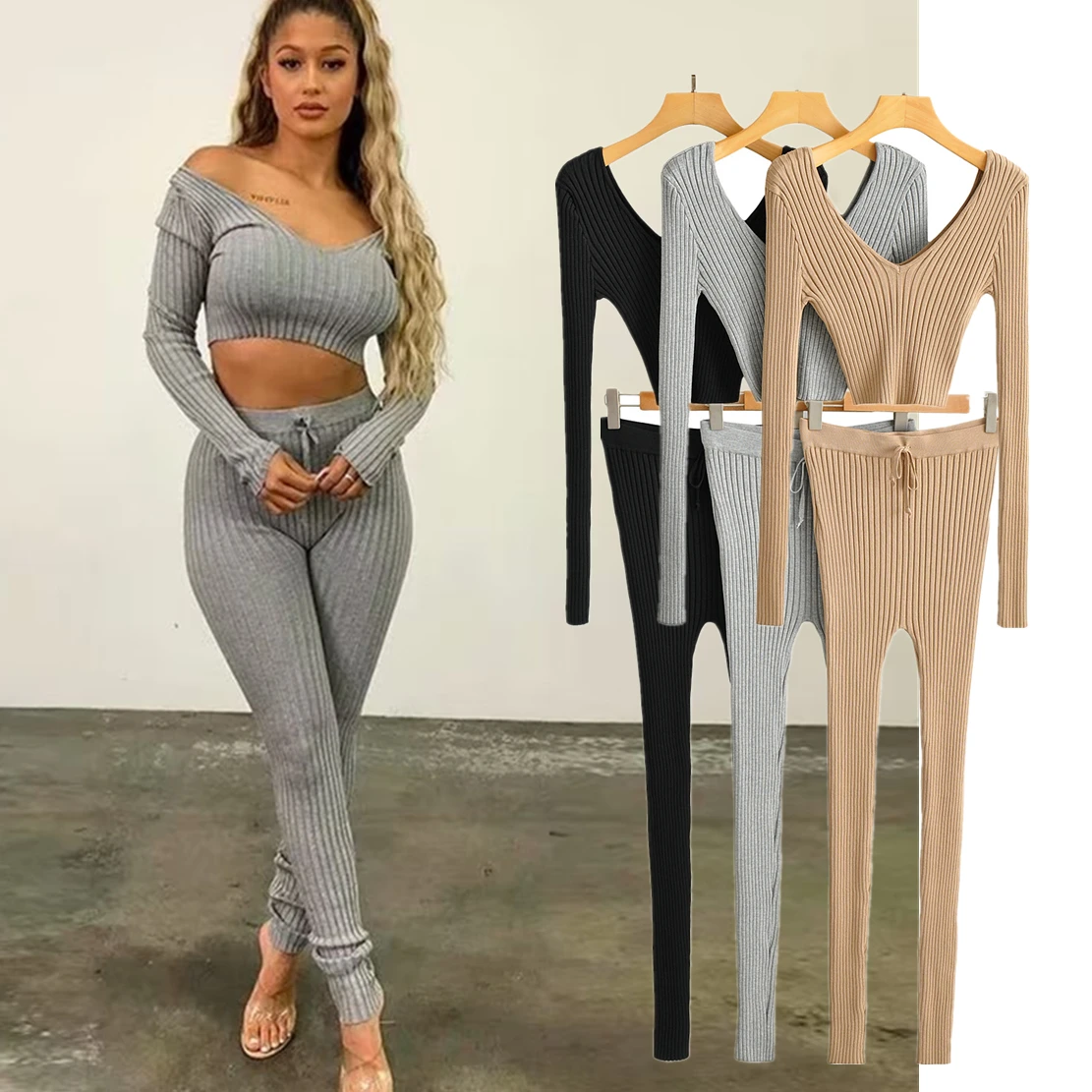 Maxdutti Ins Fashion Blogger  Two Pieces Sets Women Solid Slim Rib Knitwear Sets Sexy V-neck Tops And Skinny Pants maxdutti american vintage back to school city letter harem pants embroidery o neck sweatshirt sets women