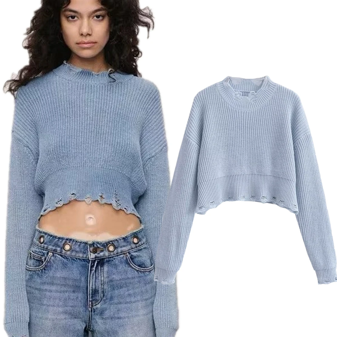 Dave&Di French Lazy Wind Hole Retro Pullover  Gilrs Sweater Fashion Sky Blue Casual Knitwear Women