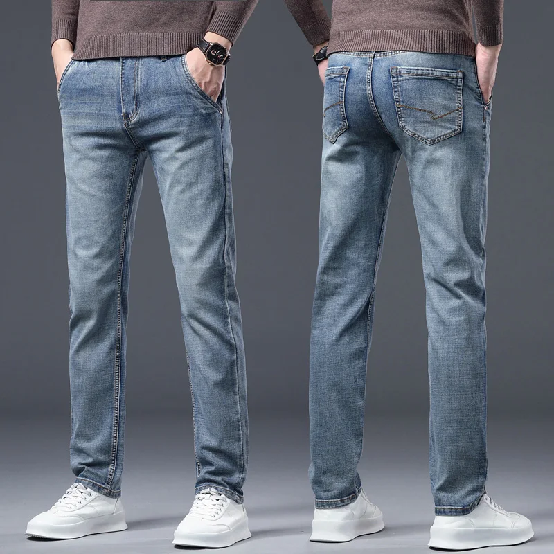 Fashion Mens Elastic Business Straight Jeans Blue-Gray Slim Casual Denim Pants Autumn Winter Cotton Mens Denim Trousers