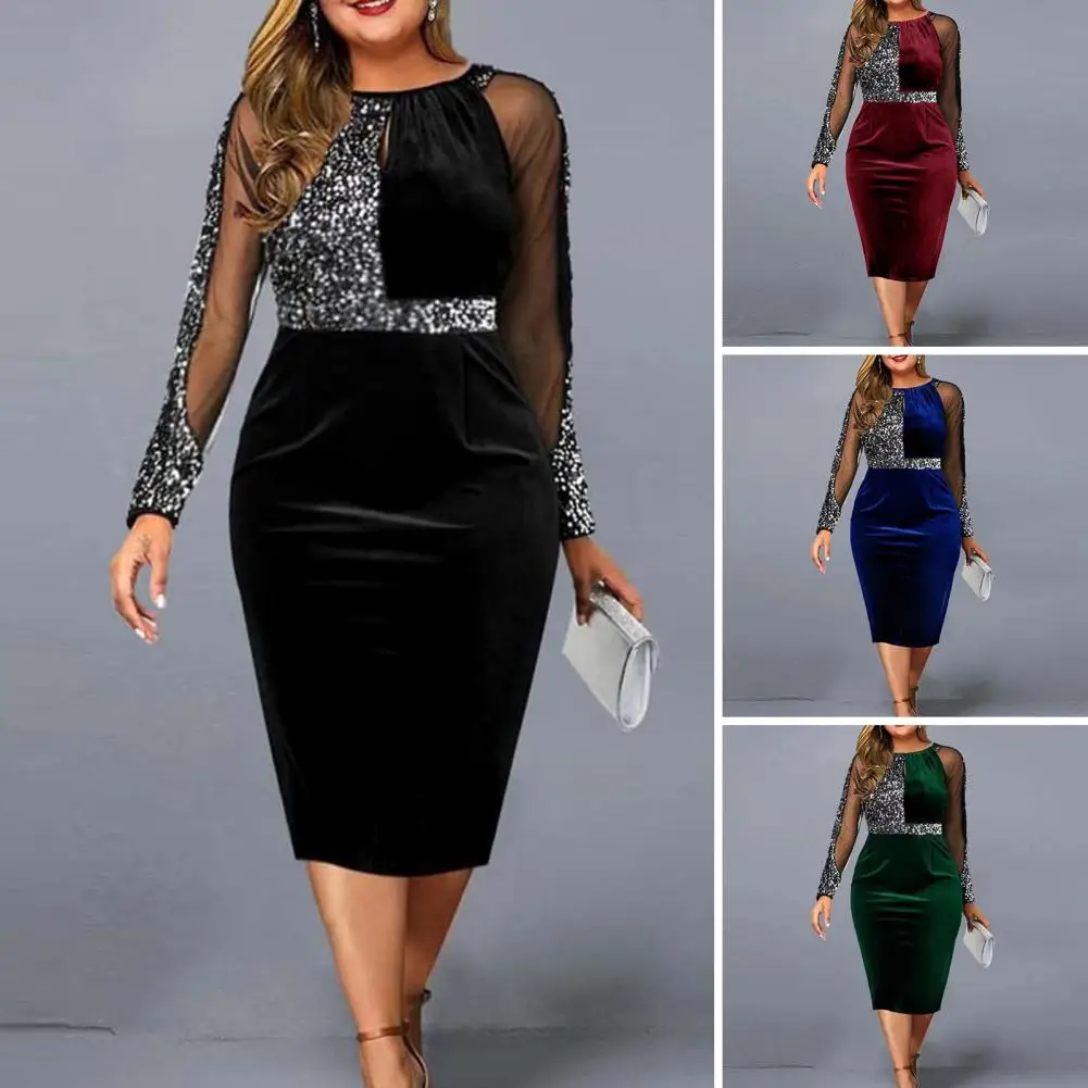 

Mesh Splicing Dress Shimmering Sequin Evening Dresses Elegant High-waisted Midi Gowns with Mesh Patchwork Long for Formal