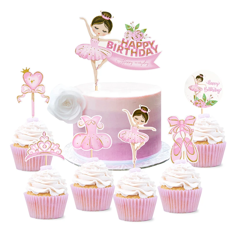 Pink Ballerina Girl Cake Topper Toppers Crown Dress Kids Happy Birthday Wedding Party Baby Shower Baking Cake Dessert Decorazioni Fai Da Te