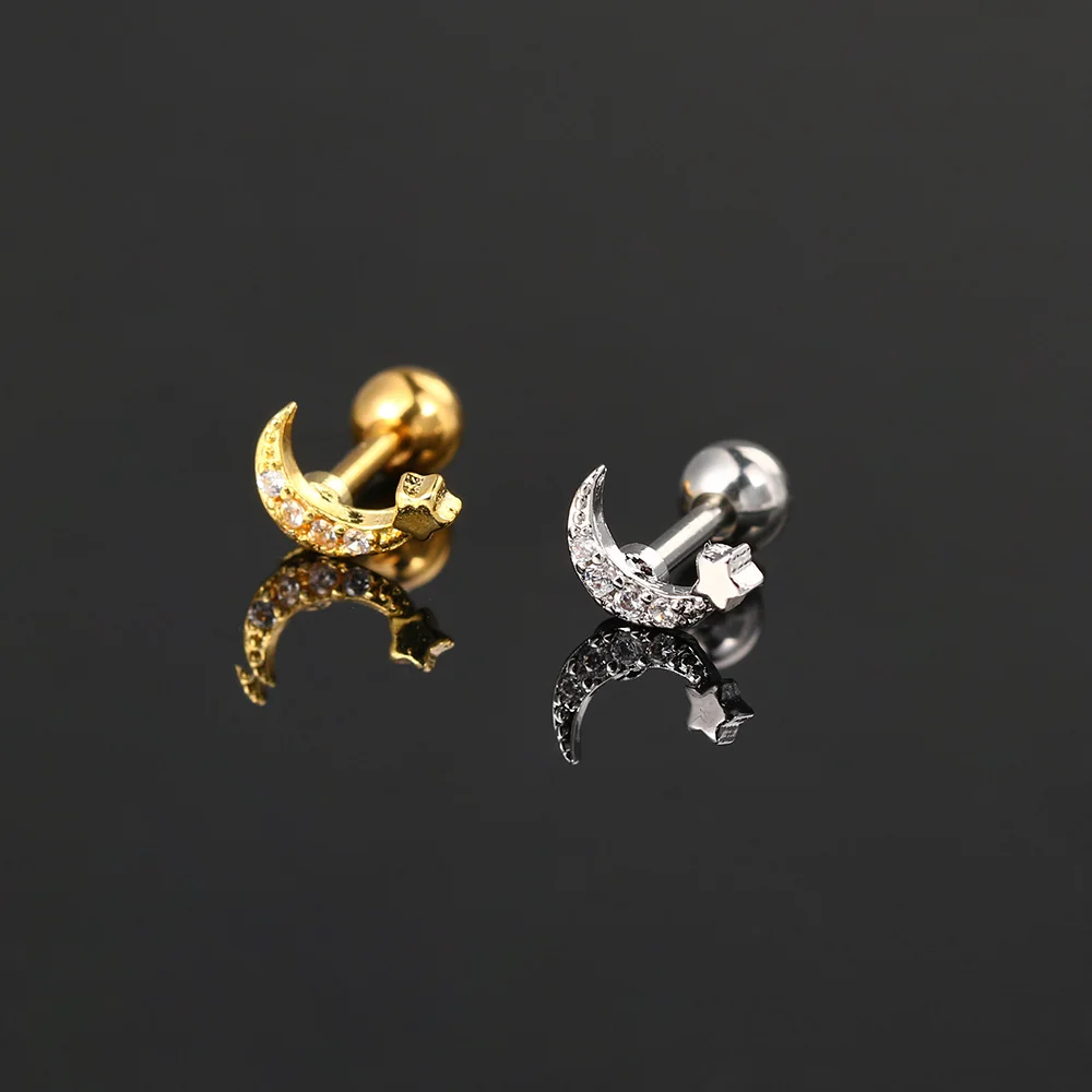 1 Stück Zierlicher CZ-Mond Piercing Y2k Ohrstecker für Frauen, Tragus Helix Daith Ohrschmuck, Edelstahl-Schmuck – Detail 12