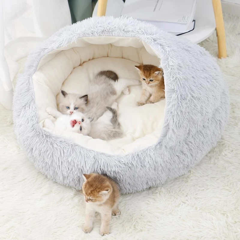 Soft Plush Pet Bed with Cover Round Cat Bed Pet Mattress Warm Cat Dog 2 in 1 Sleeping Nest for Small Dogs Winter Pet Stuff