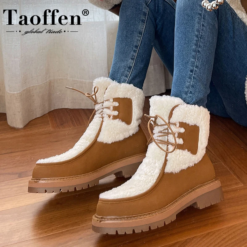 

Taoffen Size 33-40 Women Snow Boots Real Leather Thick Fur Warm Woman Shoes Winter Fashion Daily Ankle Boots Ladies Footwear
