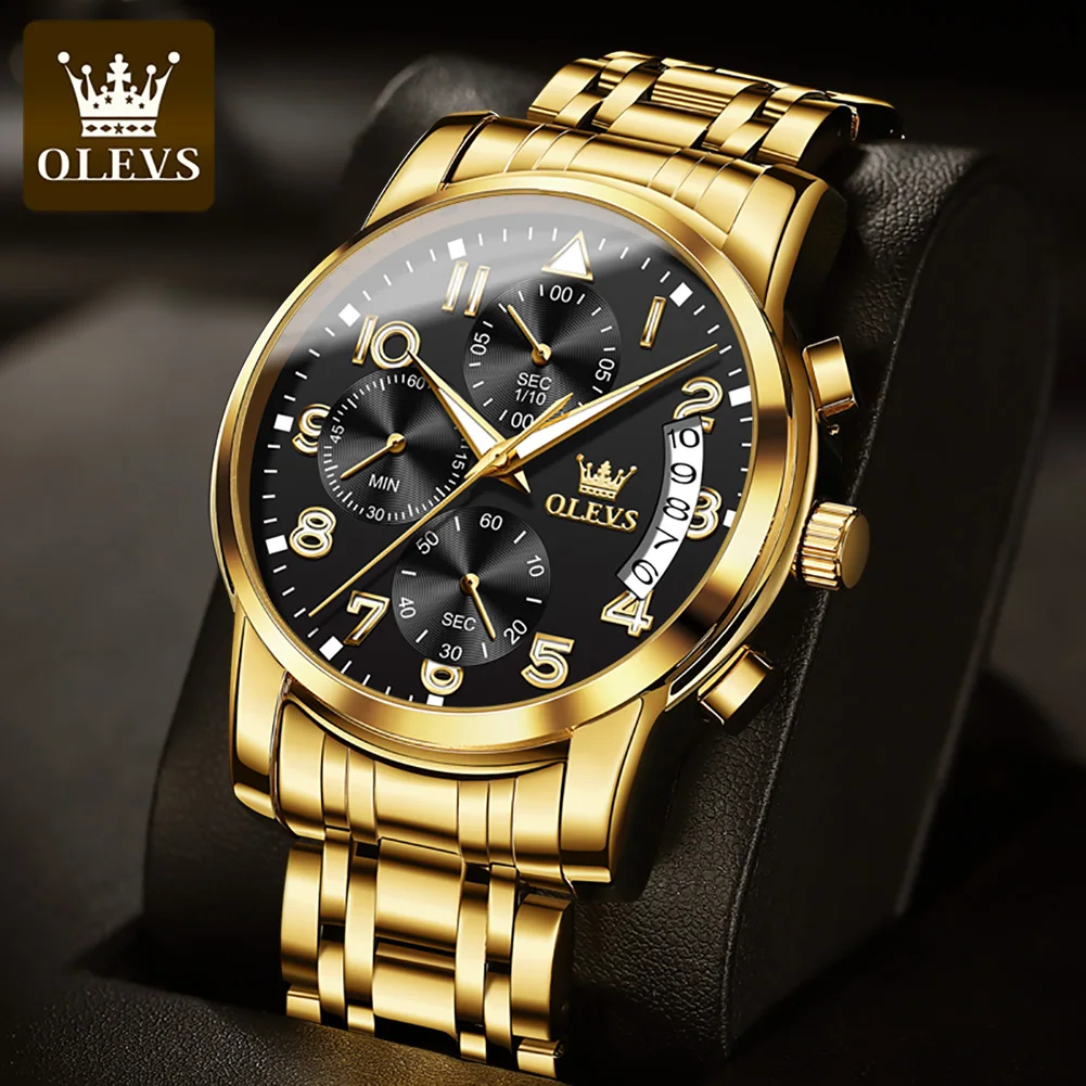 

OLEVS Gold Quartz Watch for Men Stainless Steel Waterproof Multifunctional Chronograph Business Mens Watches Relogio Masculino