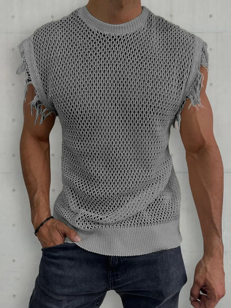 

Hollow Out Patchwork Round Neck Solid Tops Summer Men Streetwear Basic Tank Tops Casual Loose Sleeveless Male Knitting Pullovers