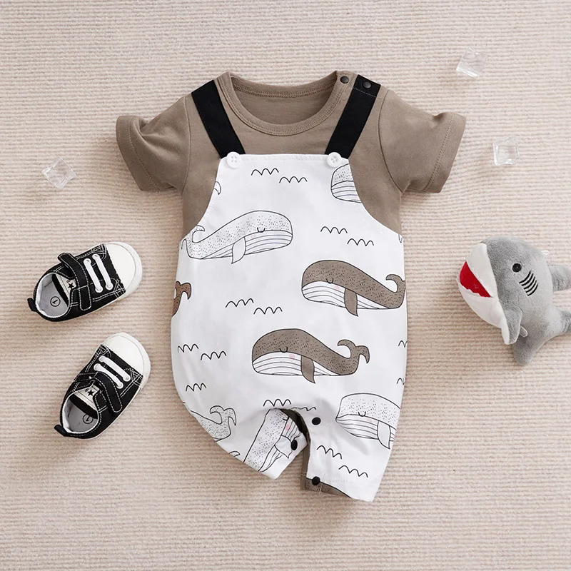 Baby Boy Girl Newborn Casual Cute Cartoon Whale Fake Two Pieces Of Baby Jumpsuit Cotton Summer Short Sleeved Jumpsuit 1