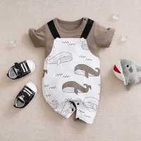 Baby Boy Girl Newborn Casual Cute Cartoon Whale Fake Two Pieces Of Baby Jumpsuit Cotton Summer Short Sleeved Jumpsuit 1