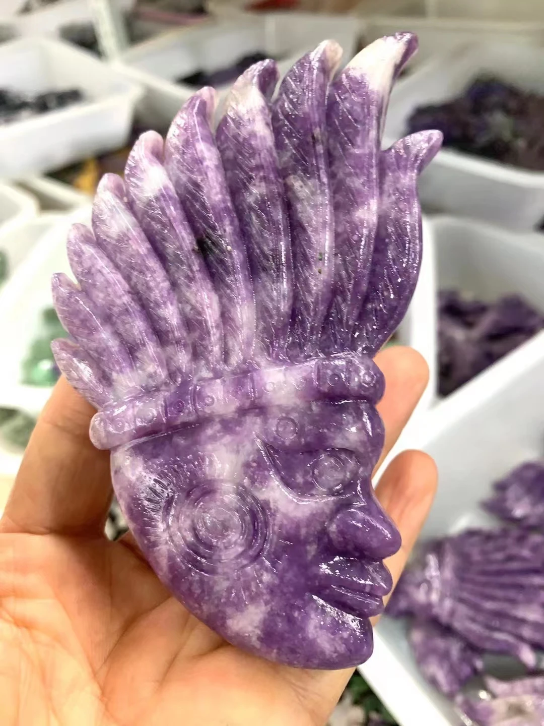 

120mm Natural Purple Cloud Mother Indian Chief Crystal Stone Statues Healing Gemstone Sculpture Home Decoration Gift + base