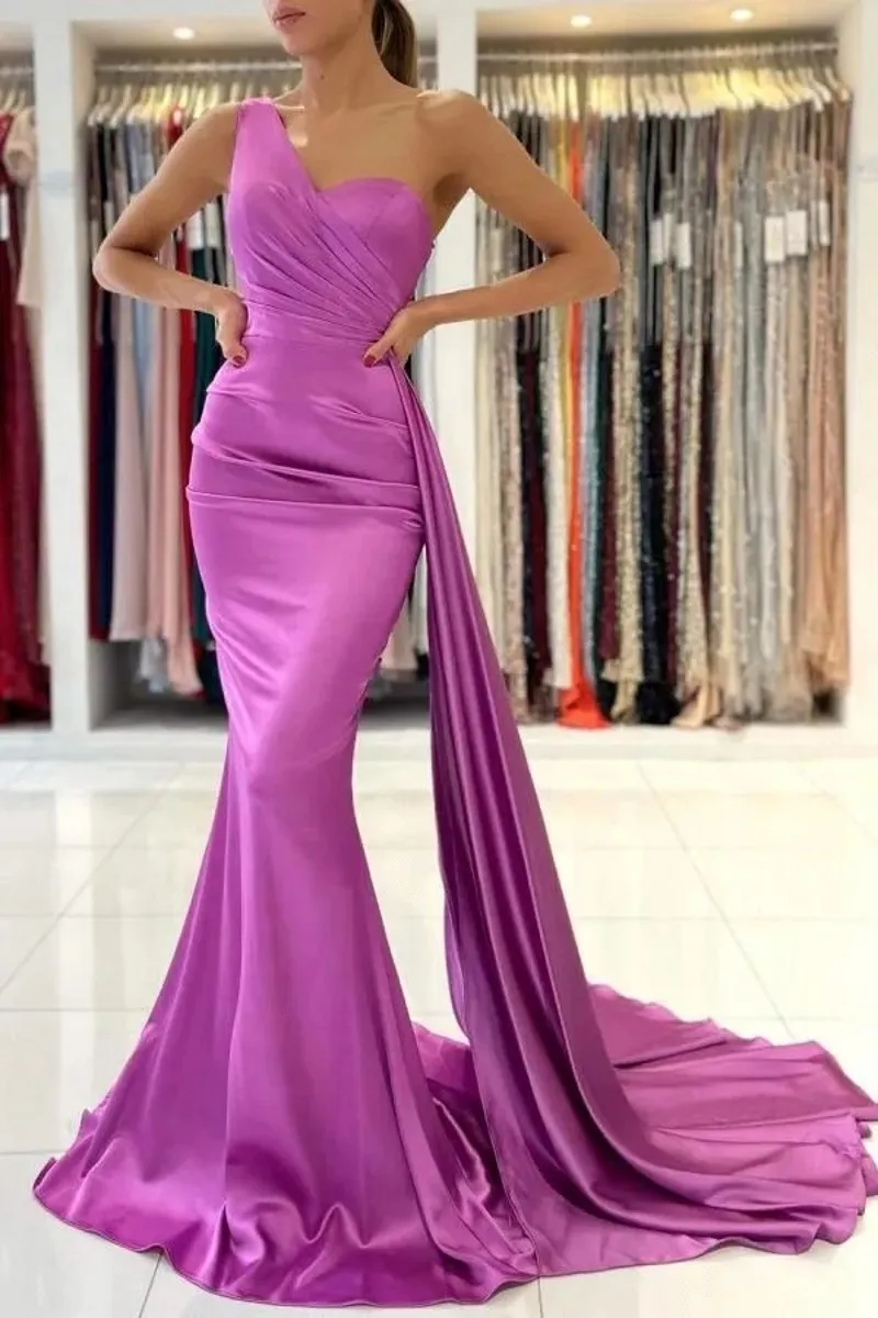 

Purple Women Evening Birthday Dress One Shoulder Pleats Peplum Satin Mermaid Prom Pageant Gowns Robe De Soiree