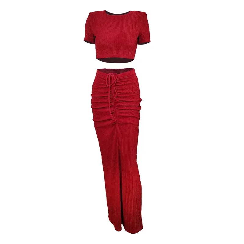 Pit-stripe Short T-Shirt Women Solid Color Two Piece Sets Drawstring Lace-up High Waist Floor Length Skirt Slim Fit Female Suits
