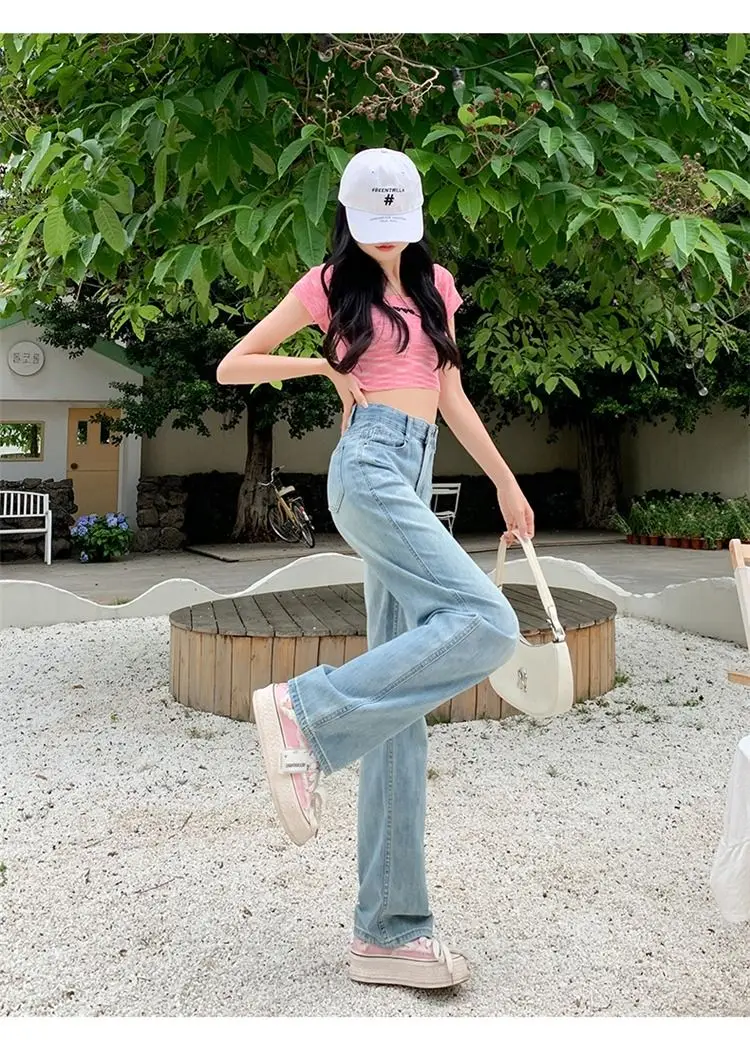 

2023 Elastic High Waist Wide Leg Jeans Baggy Vintage Women's Vaqueros Fashion Straight Cowboy Trousers Fall New Denim Pants H387