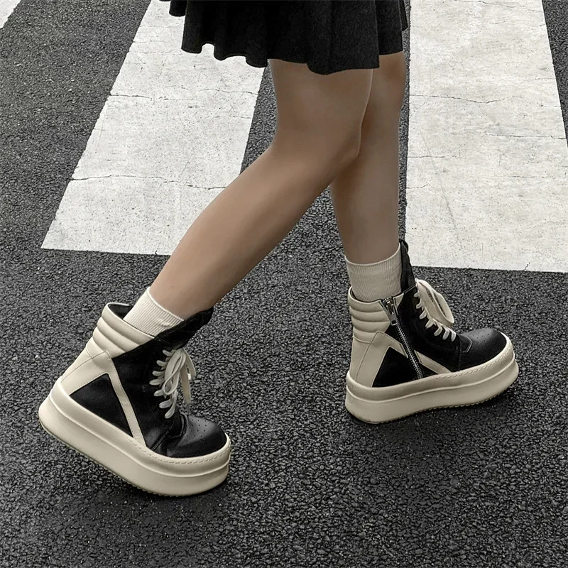 Women Men Platform Sneakers,Round Designer Original High Top Women Shoes,Ankle Boot Leather Chunky Thick Sole Flat Zip Shoes 5