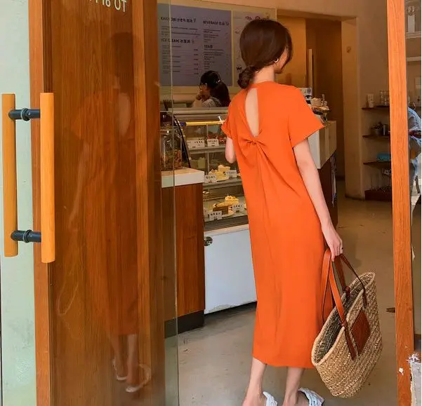 Casual Backless T Shirt Dress Summer New Round Neck Short Sleeve Solid Color Loose Midi Dress Fashion Trend Women Clothing