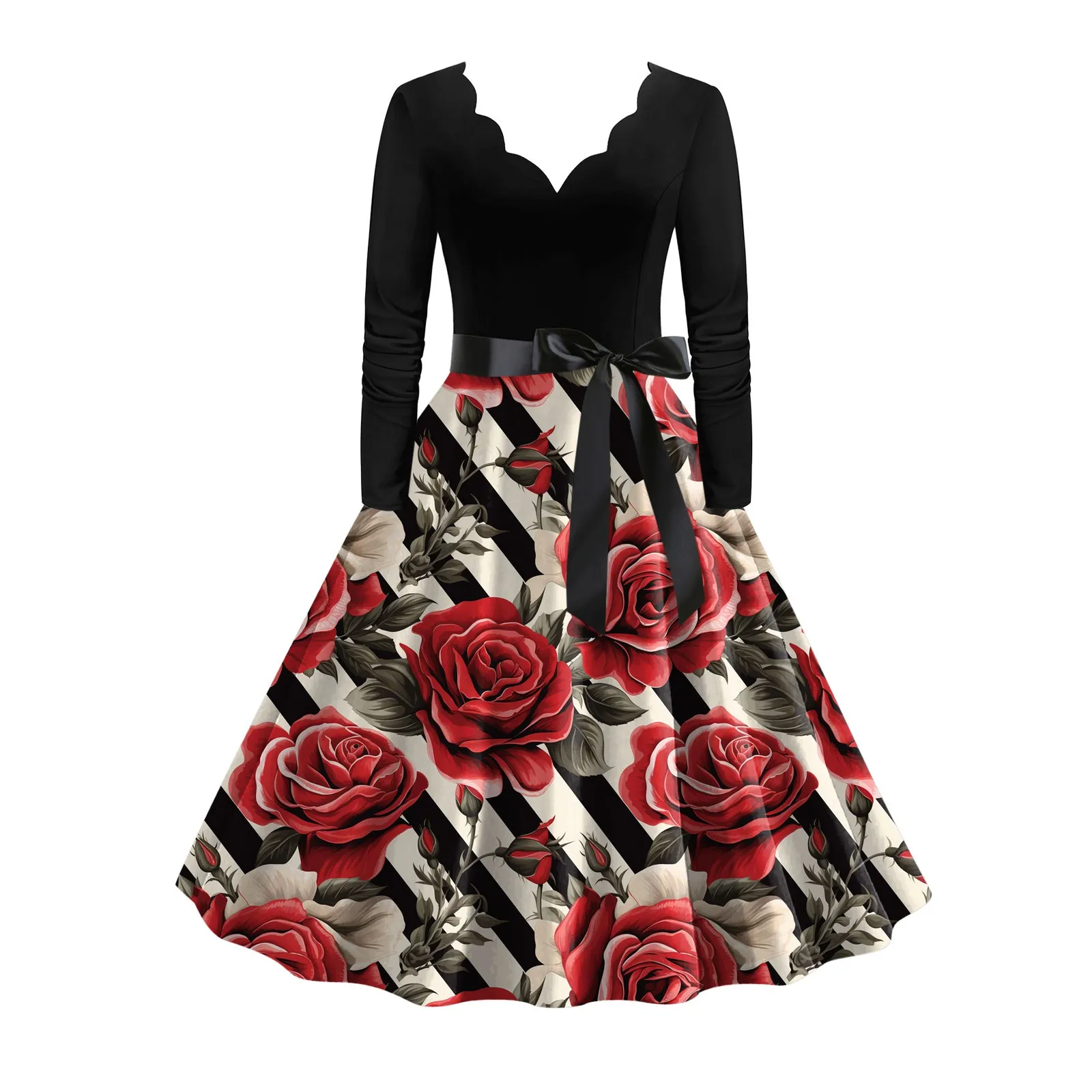 

New Women's Retro V Neck Printed Long Sleeve Big Hem Spring And Autumn Fashion Dresses Loose Oversized Vestidos