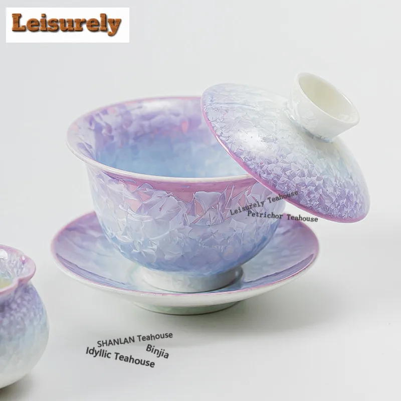 Kiln Fambe Crystal Glaze Gaiwan Ancient Tea Tureen Tea Bowl With Lid Kit Tea Making Cover Bowl Chinese Tea Set Collection Gift