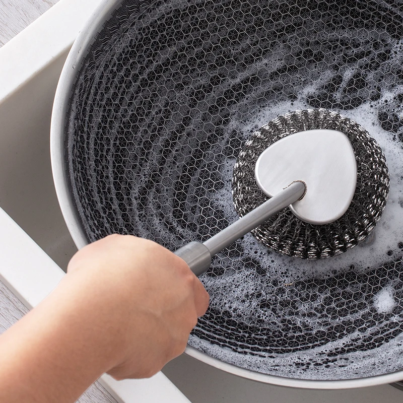 

Kitchen Stainless steel long handle cleaning brush Dish Scrubber Brush Oil free cleaning brush