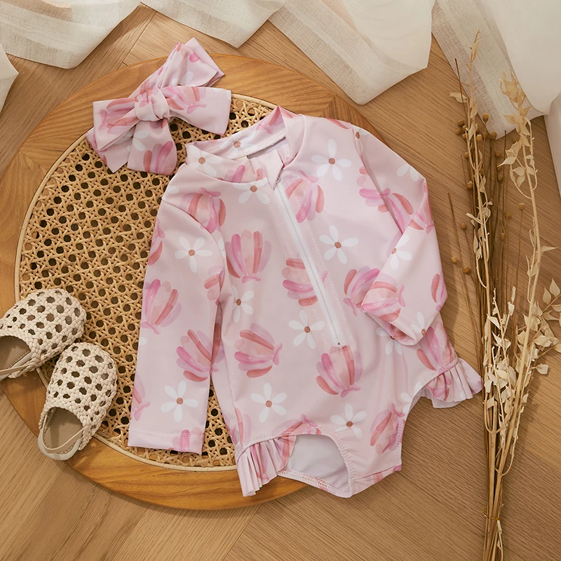 Children Swimwear Summer Baby Girls Swimsuit Beach Wear Cute Princess Infant Swimwear Floral/Ice Cream Print Long Sleeve Zip Up Kids Bathing Suit