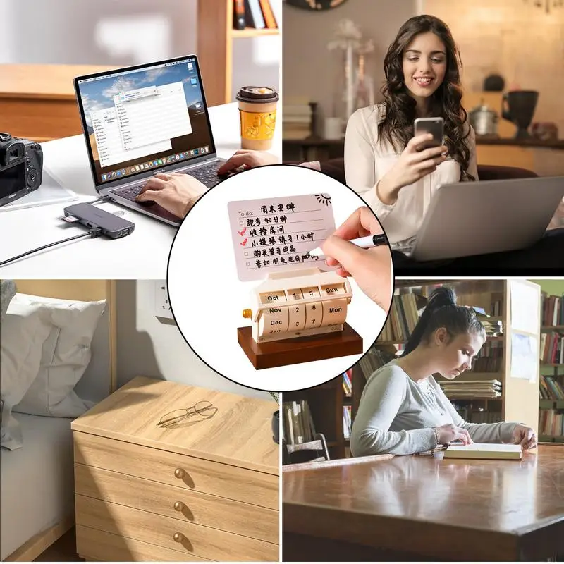 재사용 가능한 나무 탁상 달력, 회전 휠 달력, 월 요일 디스플레이, DIY 휠 데스크탑 장식